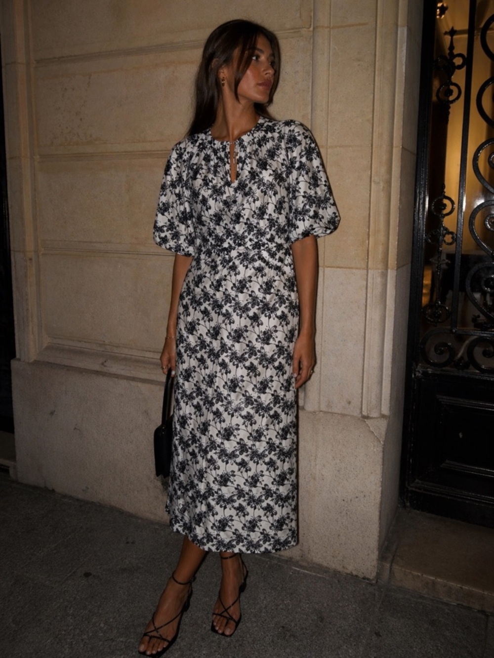 Reformation Style Floral Print Midi Dress Puff Sleeve Neutral Resort Minimalist